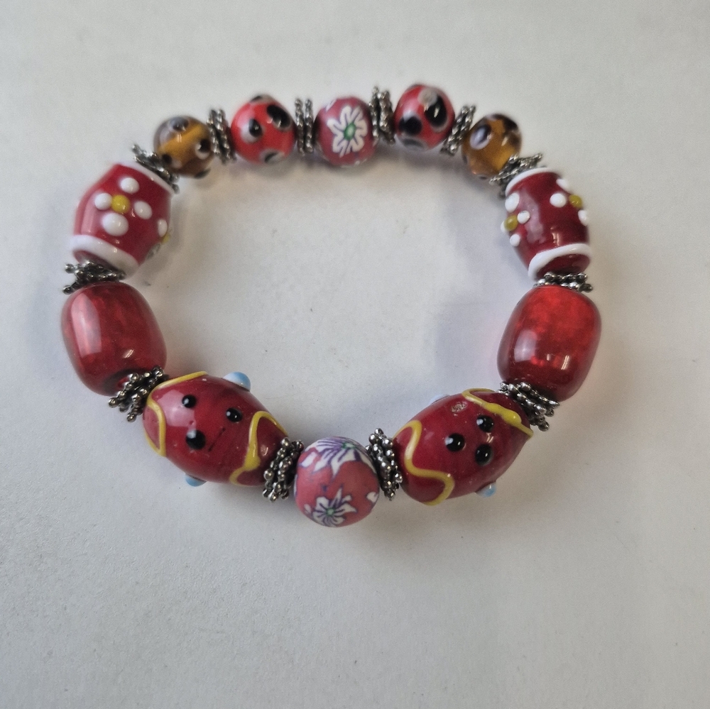 Handmade Bead Bracelet Red Floral Polka Dot Boho Statement Jewelry